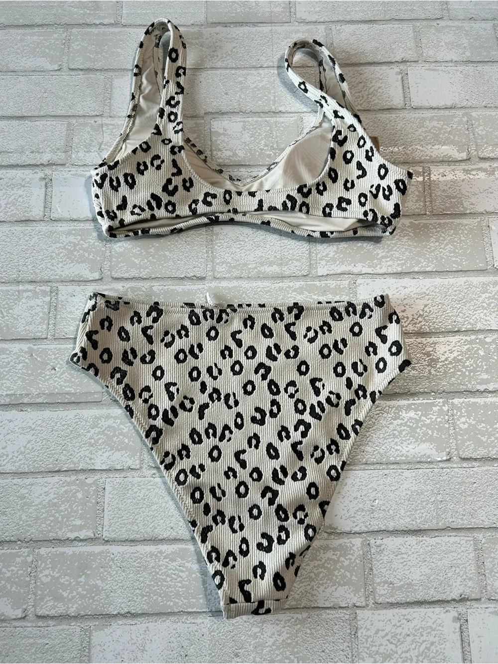 aerie Cream and Black Leopard Print Ribbed Bikini Set Pool or Beach Size Medium